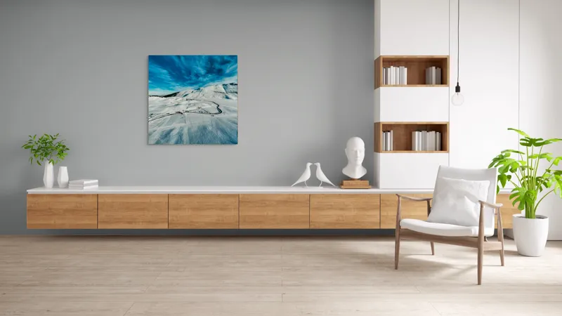 Tablou Canvas, "Iarna pe căi serpentine sub cer senin", Alb, Întindere, Munte, Cer, Nor, Drum, Zăpadă, Pitoresc, Liniște, Înghețat, 100 x 100 cm – poza 8