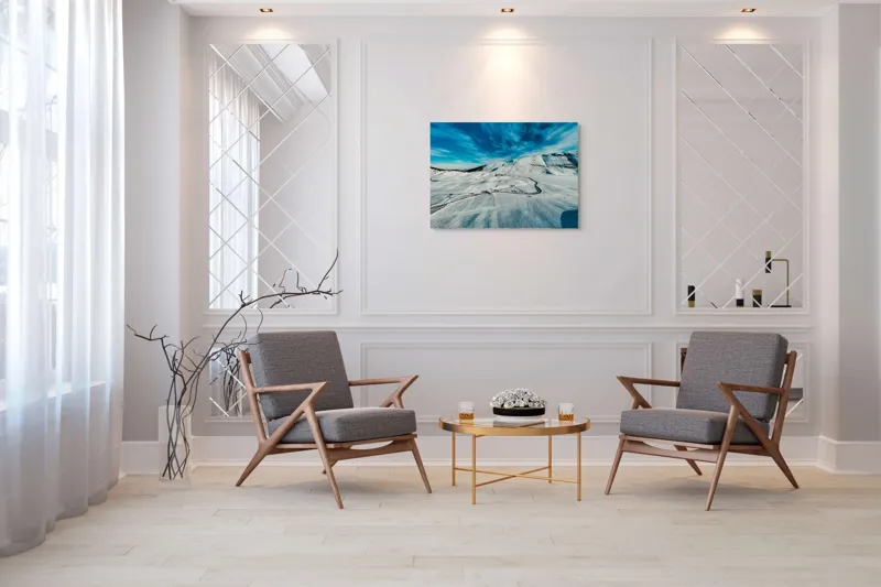 Tablou Canvas, "Iarna pe căi serpentine sub cer senin", Alb, Întindere, Munte, Cer, Nor, Drum, Zăpadă, Pitoresc, Liniște, Înghețat, 100 x 70 cm – poza 5