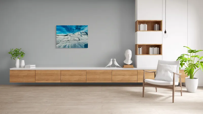 Tablou Canvas, "Iarna pe căi serpentine sub cer senin", Alb, Întindere, Munte, Cer, Nor, Drum, Zăpadă, Pitoresc, Liniște, Înghețat, 100 x 70 cm – poza 6