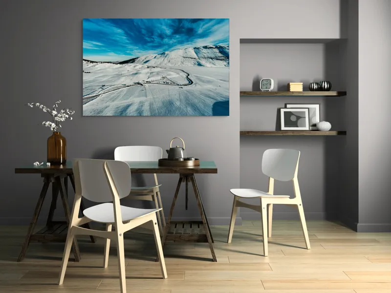 Tablou Canvas, "Iarna pe căi serpentine sub cer senin", Alb, Întindere, Munte, Cer, Nor, Drum, Zăpadă, Pitoresc, Liniște, Înghețat, 150 x 100 cm – poza 5