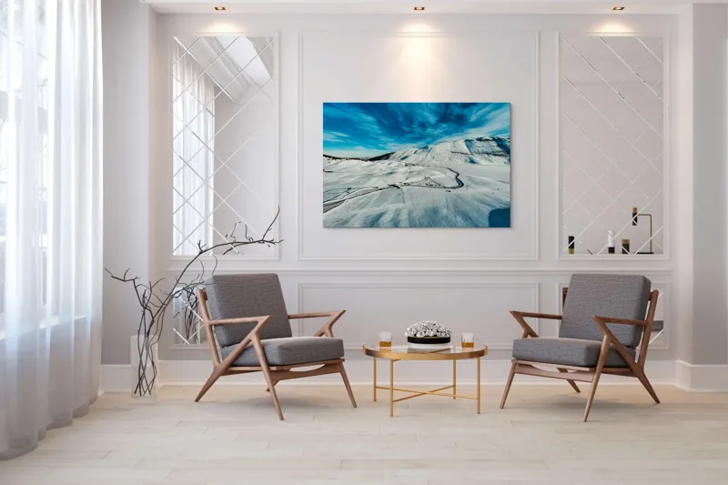 Tablou Canvas, "Iarna pe căi serpentine sub cer senin", Alb, Întindere, Munte, Cer, Nor, Drum, Zăpadă, Pitoresc, Liniște, Înghețat, 150 x 100 cm – poza 7