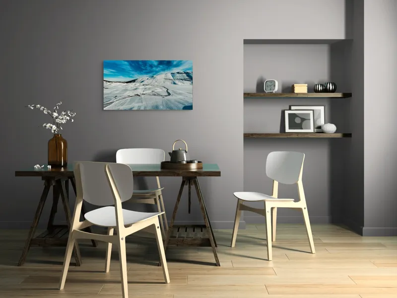 Tablou Canvas, "Iarna pe căi serpentine sub cer senin", Alb, Întindere, Munte, Cer, Nor, Drum, Zăpadă, Pitoresc, Liniște, Înghețat, 90 x 50 cm – poza 3
