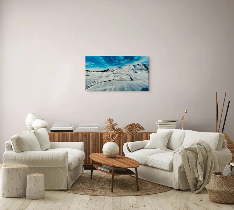 Tablou Canvas, "Iarna pe căi serpentine sub cer senin", Alb, Întindere, Munte, Cer, Nor, Drum, Zăpadă, Pitoresc, Liniște, Înghețat, 90 x 50 cm – poza 4
