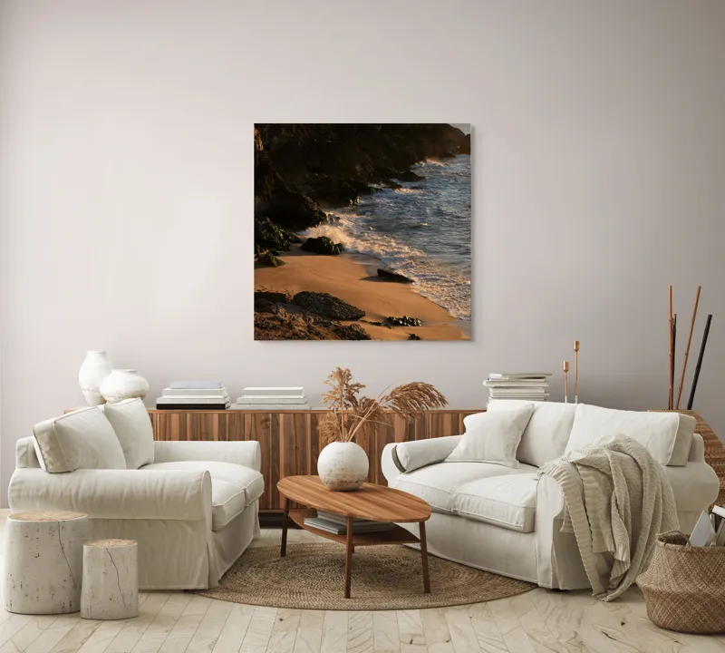 Tablou Canvas, "Apus peste țărmul stâncos al mării", Plajă, Apus, Valuri, Stânci, Nisip, Ocean, Lumină, Relaxare, 100 x 100 cm – poza 3