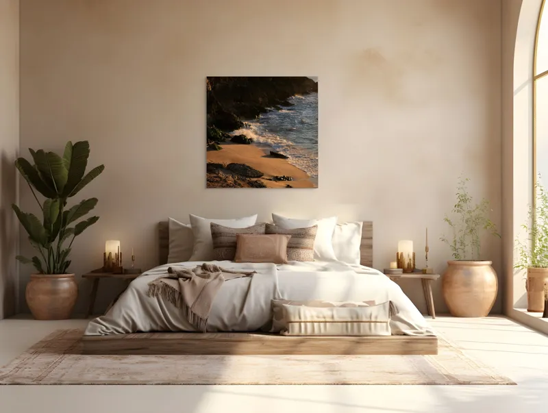 Tablou Canvas, "Apus peste țărmul stâncos al mării", Plajă, Apus, Valuri, Stânci, Nisip, Ocean, Lumină, Relaxare, 100 x 100 cm – poza 4