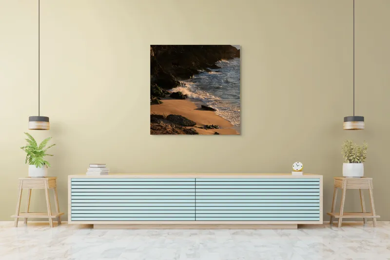 Tablou Canvas, "Apus peste țărmul stâncos al mării", Plajă, Apus, Valuri, Stânci, Nisip, Ocean, Lumină, Relaxare, 100 x 100 cm – poza 5