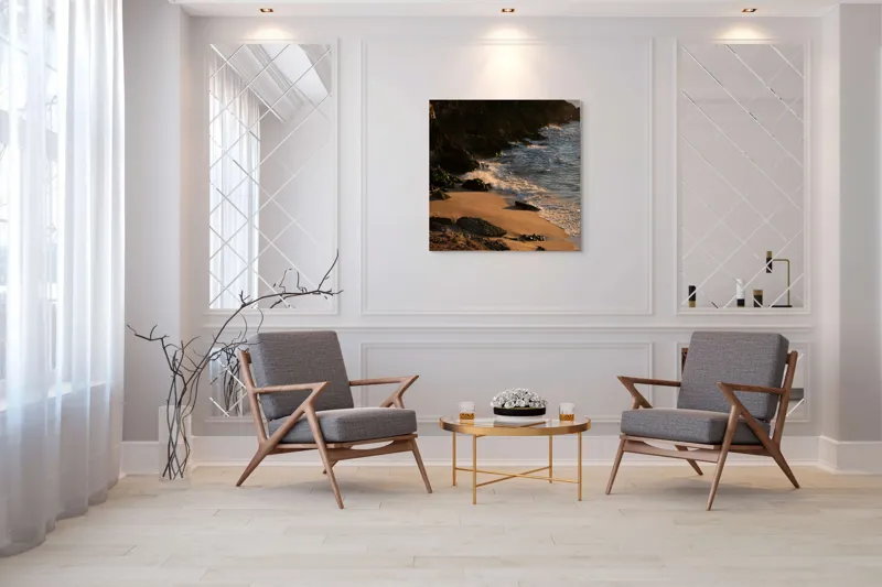 Tablou Canvas, "Apus peste țărmul stâncos al mării", Plajă, Apus, Valuri, Stânci, Nisip, Ocean, Lumină, Relaxare, 100 x 100 cm – poza 7