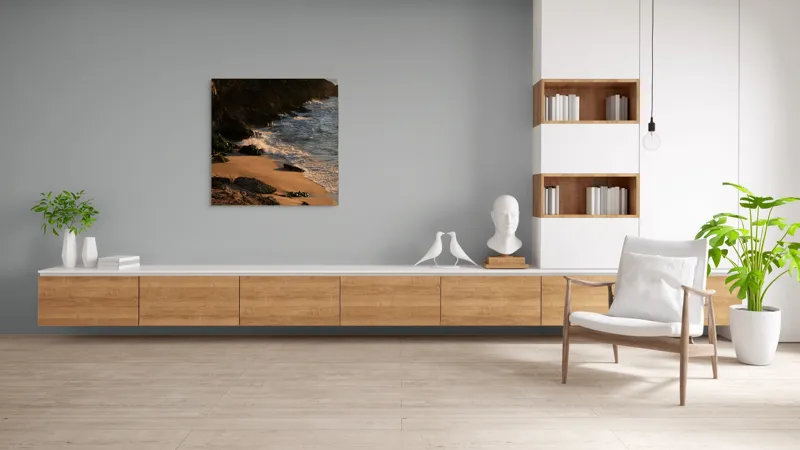 Tablou Canvas, "Apus peste țărmul stâncos al mării", Plajă, Apus, Valuri, Stânci, Nisip, Ocean, Lumină, Relaxare, 100 x 100 cm – poza 8