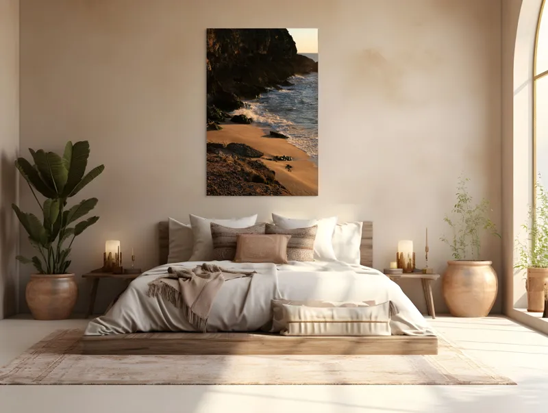 Tablou Canvas, "Apus peste țărmul stâncos al mării", Plajă, Apus, Valuri, Stânci, Nisip, Ocean, Lumină, Relaxare, 100 x 150 cm – poza 3