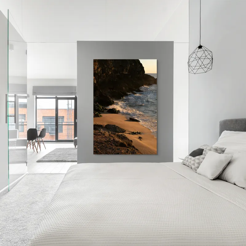 Tablou Canvas, "Apus peste țărmul stâncos al mării", Plajă, Apus, Valuri, Stânci, Nisip, Ocean, Lumină, Relaxare, 100 x 150 cm – poza 5