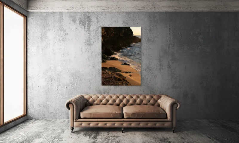 Tablou Canvas, "Apus peste țărmul stâncos al mării", Plajă, Apus, Valuri, Stânci, Nisip, Ocean, Lumină, Relaxare, 100 x 150 cm – poza 6