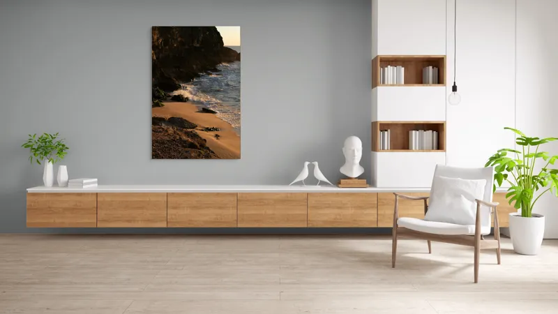 Tablou Canvas, "Apus peste țărmul stâncos al mării", Plajă, Apus, Valuri, Stânci, Nisip, Ocean, Lumină, Relaxare, 100 x 150 cm – poza 8