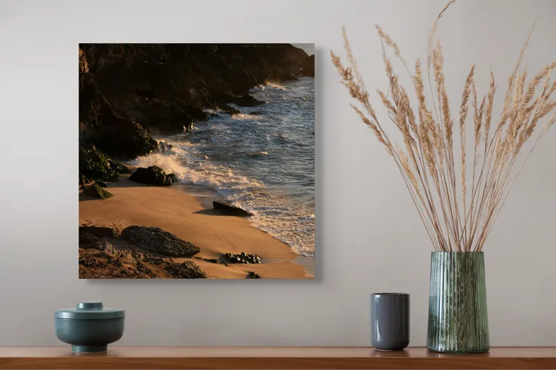 Tablou Canvas, "Apus peste țărmul stâncos al mării", Plajă, Apus, Valuri, Stânci, Nisip, Ocean, Lumină, Relaxare, 50 x 50 cm – poza 4