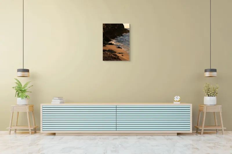 Tablou Canvas, "Apus peste țărmul stâncos al mării", Plajă, Apus, Valuri, Stânci, Nisip, Ocean, Lumină, Relaxare, 50 x 70 cm – poza 6