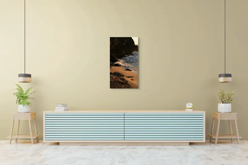 Tablou Canvas, "Apus peste țărmul stâncos al mării", Plajă, Apus, Valuri, Stânci, Nisip, Ocean, Lumină, Relaxare, 50 x 90 cm – poza 6