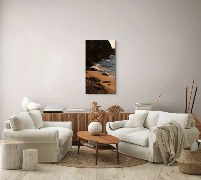 Tablou Canvas, "Apus peste țărmul stâncos al mării", Plajă, Apus, Valuri, Stânci, Nisip, Ocean, Lumină, Relaxare, 50 x 90 cm – poza 7
