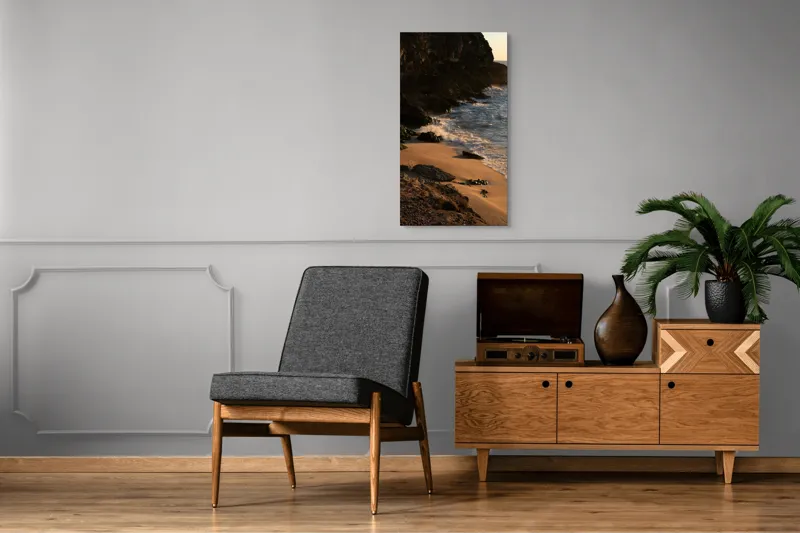 Tablou Canvas, "Apus peste țărmul stâncos al mării", Plajă, Apus, Valuri, Stânci, Nisip, Ocean, Lumină, Relaxare, 50 x 90 cm – poza 8