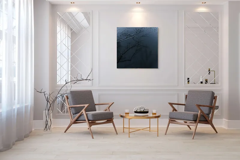 Tablou Canvas, "Reflecții și tăcere sub ploaie", Ramură, Reflexie, Apă, Ploaie, Umbre, Întuneric, Liniște, 100 x 100 cm – poza 7