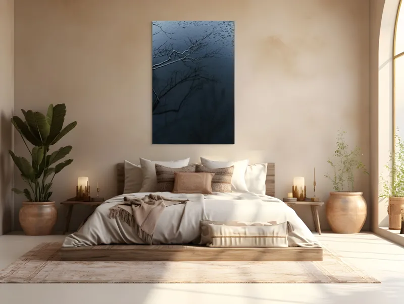 Tablou Canvas, "Reflecții și tăcere sub ploaie", Ramură, Reflexie, Apă, Ploaie, Umbre, Întuneric, Liniște, 100 x 150 cm – poza 3