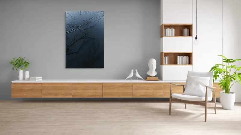 Tablou Canvas, "Reflecții și tăcere sub ploaie", Ramură, Reflexie, Apă, Ploaie, Umbre, Întuneric, Liniște, 100 x 150 cm – poza 8