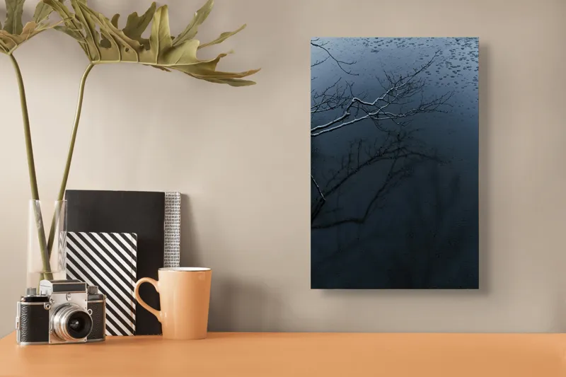 Tablou Canvas, "Reflecții și tăcere sub ploaie", Ramură, Reflexie, Apă, Ploaie, Umbre, Întuneric, Liniște, 26 x 39 cm – poza 3