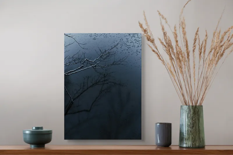 Tablou Canvas, "Reflecții și tăcere sub ploaie", Ramură, Reflexie, Apă, Ploaie, Umbre, Întuneric, Liniște, 39 x 54 cm – poza 3