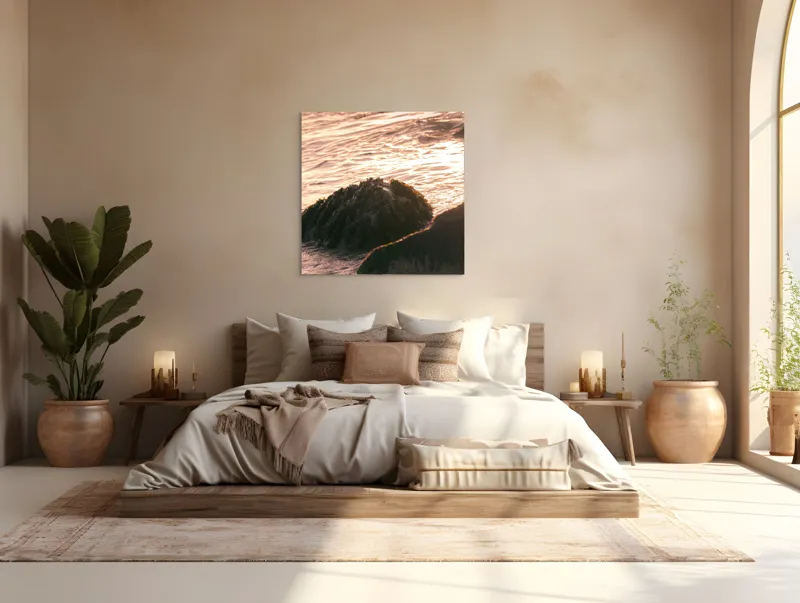 Tablou Canvas, "Iluminarea mării la apusul soarelui", Valuri, Apus, Stânci, Alge, Lumină, Reflecții, Textură, Natură, 100 x 100 cm – poza 4