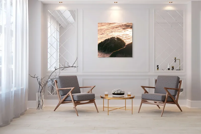 Tablou Canvas, "Iluminarea mării la apusul soarelui", Valuri, Apus, Stânci, Alge, Lumină, Reflecții, Textură, Natură, 100 x 100 cm – poza 7