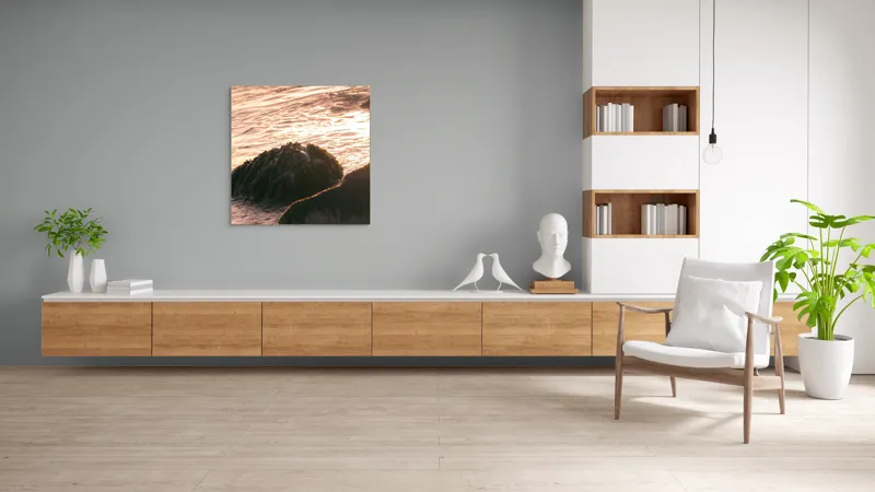 Tablou Canvas, "Iluminarea mării la apusul soarelui", Valuri, Apus, Stânci, Alge, Lumină, Reflecții, Textură, Natură, 100 x 100 cm – poza 8