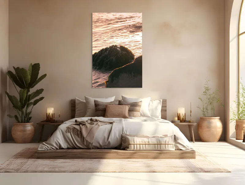 Tablou Canvas, "Iluminarea mării la apusul soarelui", Valuri, Apus, Stânci, Alge, Lumină, Reflecții, Textură, Natură, 100 x 150 cm – poza 3