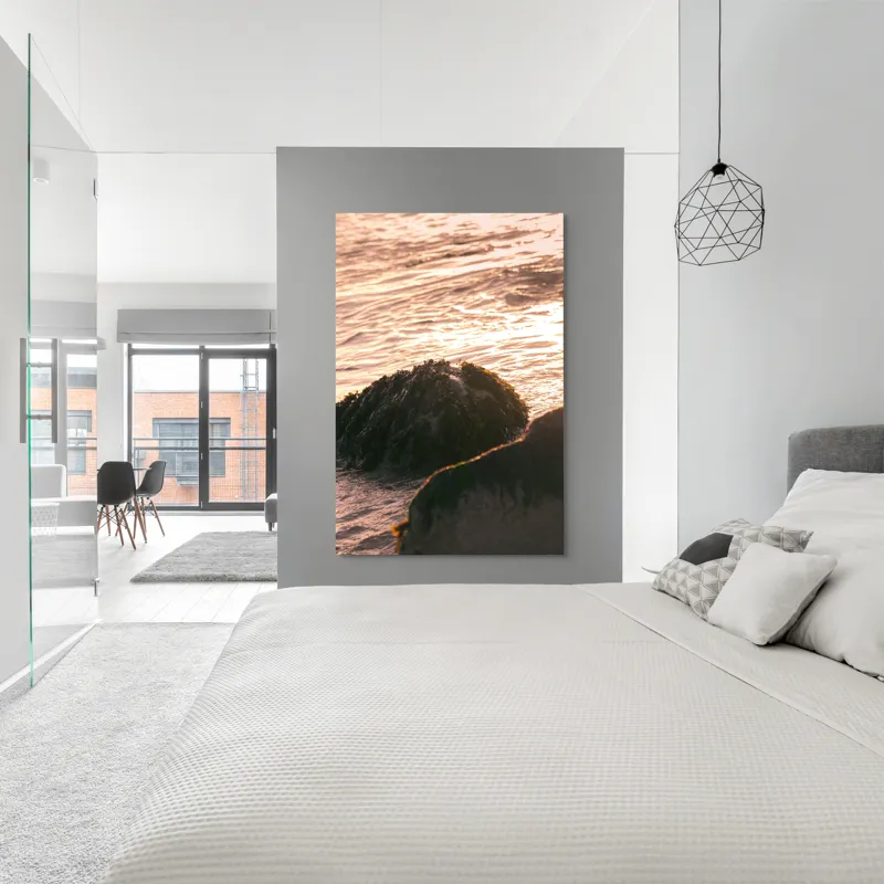 Tablou Canvas, "Iluminarea mării la apusul soarelui", Valuri, Apus, Stânci, Alge, Lumină, Reflecții, Textură, Natură, 100 x 150 cm – poza 5