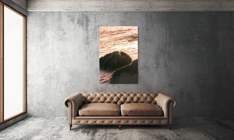 Tablou Canvas, "Iluminarea mării la apusul soarelui", Valuri, Apus, Stânci, Alge, Lumină, Reflecții, Textură, Natură, 100 x 150 cm – poza 6