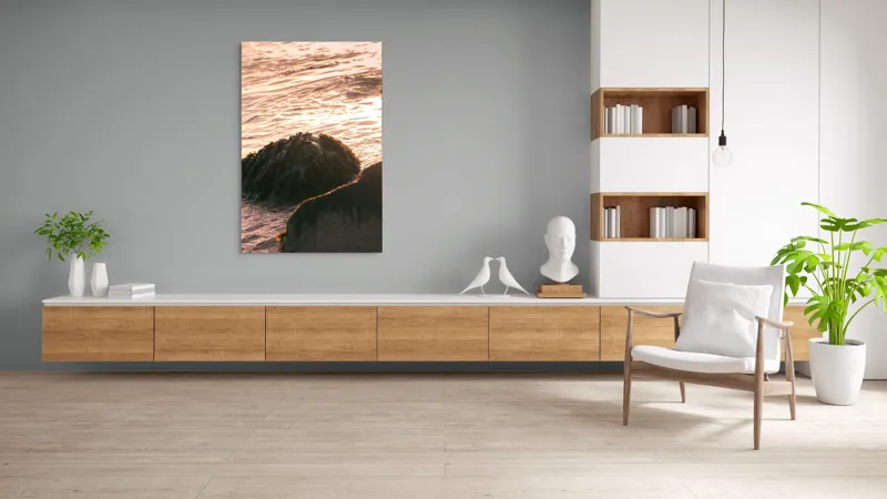Tablou Canvas, "Iluminarea mării la apusul soarelui", Valuri, Apus, Stânci, Alge, Lumină, Reflecții, Textură, Natură, 100 x 150 cm – poza 8