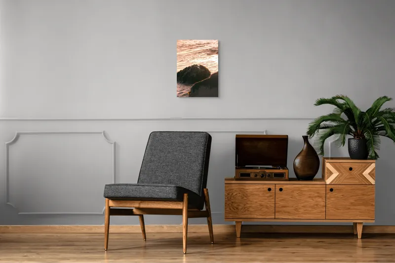 Tablou Canvas, "Iluminarea mării la apusul soarelui", Valuri, Apus, Stânci, Alge, Lumină, Reflecții, Textură, Natură, 39 x 54 cm – poza 8