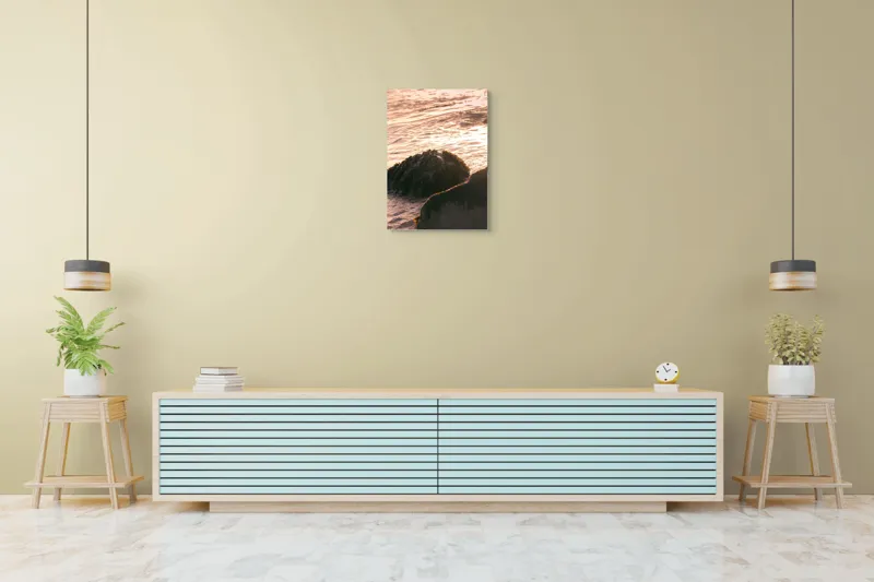 Tablou Canvas, "Iluminarea mării la apusul soarelui", Valuri, Apus, Stânci, Alge, Lumină, Reflecții, Textură, Natură, 50 x 70 cm – poza 6