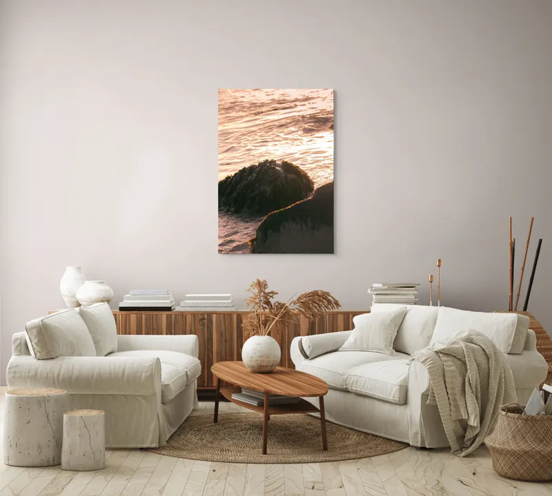 Tablou Canvas, "Iluminarea mării la apusul soarelui", Valuri, Apus, Stânci, Alge, Lumină, Reflecții, Textură, Natură, 70 x 100 cm – poza 4