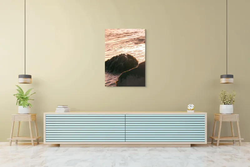 Tablou Canvas, "Iluminarea mării la apusul soarelui", Valuri, Apus, Stânci, Alge, Lumină, Reflecții, Textură, Natură, 70 x 100 cm – poza 5
