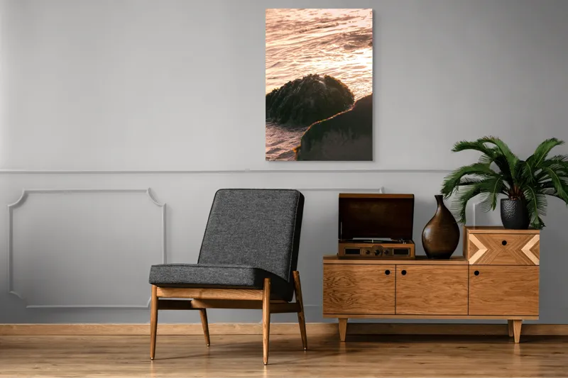 Tablou Canvas, "Iluminarea mării la apusul soarelui", Valuri, Apus, Stânci, Alge, Lumină, Reflecții, Textură, Natură, 70 x 100 cm – poza 6
