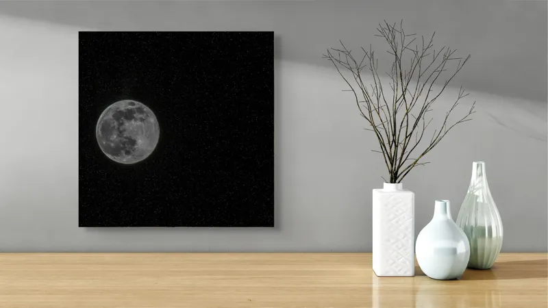 Tablou Canvas, "Luna plină în noaptea înstelată", Lună, Stele, Cer, Întuneric, Mister, Lumină, Univers, Infinit, Liniște, 50 x 50 cm – poza 3