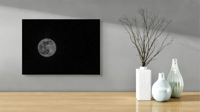 Tablou Canvas, "Luna plină în noaptea înstelată", Lună, Stele, Cer, Întuneric, Mister, Lumină, Univers, Infinit, Liniște, 54 x 39 cm – poza 3