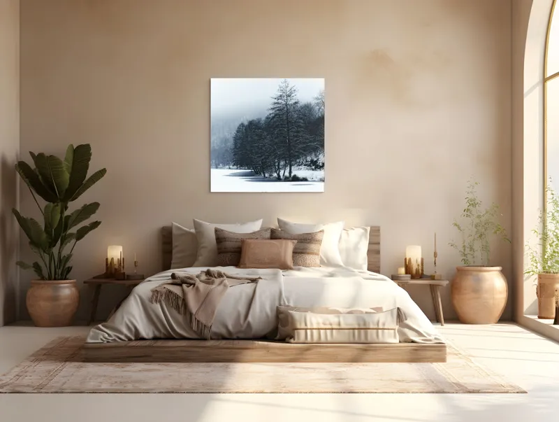 Tablou Canvas, "Copaci înghețați pe malul lacului", Iarnă, Pădure, Zăpadă, Liniște, Apă Înghețată, Copaci, Norii, Peisaj, Umbre, Frig, 100 x 100 cm – poza 4