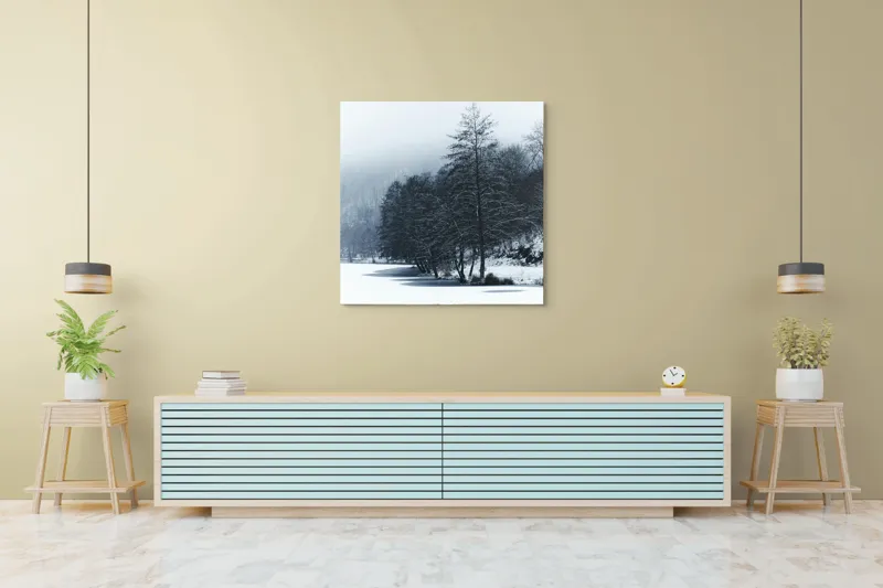 Tablou Canvas, "Copaci înghețați pe malul lacului", Iarnă, Pădure, Zăpadă, Liniște, Apă Înghețată, Copaci, Norii, Peisaj, Umbre, Frig, 100 x 100 cm – poza 5