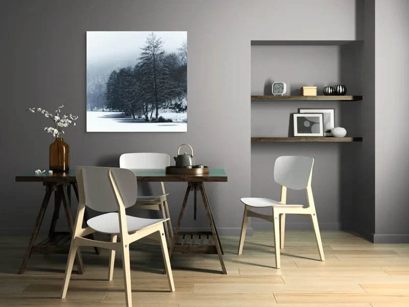 Tablou Canvas, "Copaci înghețați pe malul lacului", Iarnă, Pădure, Zăpadă, Liniște, Apă Înghețată, Copaci, Norii, Peisaj, Umbre, Frig, 100 x 100 cm – poza 6