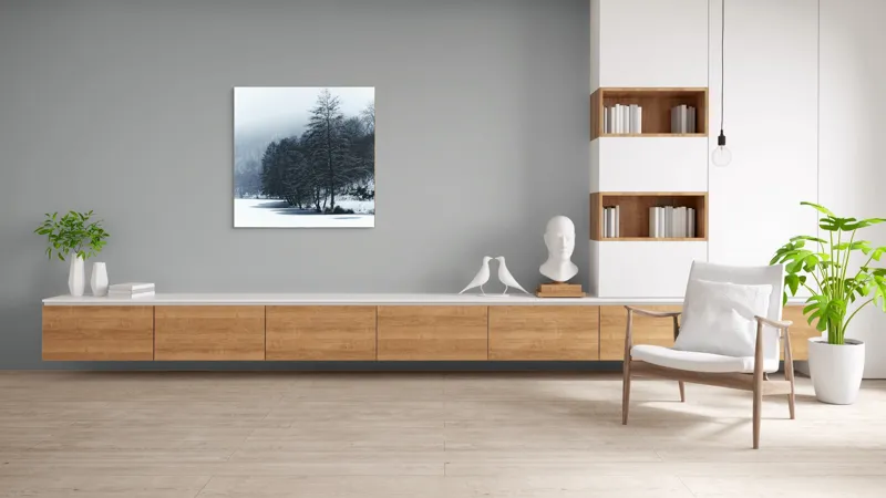 Tablou Canvas, "Copaci înghețați pe malul lacului", Iarnă, Pădure, Zăpadă, Liniște, Apă Înghețată, Copaci, Norii, Peisaj, Umbre, Frig, 100 x 100 cm – poza 8