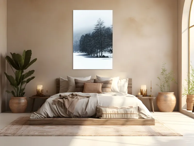 Tablou Canvas, "Copaci înghețați pe malul lacului", Iarnă, Pădure, Zăpadă, Liniște, Apă Înghețată, Copaci, Norii, Peisaj, Umbre, Frig, 100 x 150 cm – poza 3
