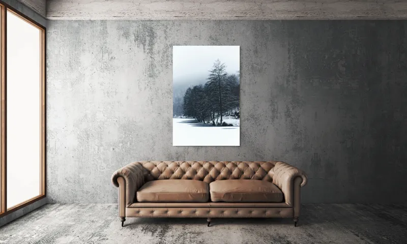 Tablou Canvas, "Copaci înghețați pe malul lacului", Iarnă, Pădure, Zăpadă, Liniște, Apă Înghețată, Copaci, Norii, Peisaj, Umbre, Frig, 100 x 150 cm – poza 6