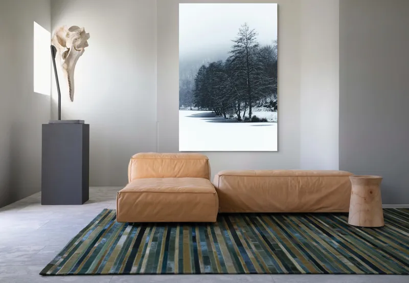Tablou Canvas, "Copaci înghețați pe malul lacului", Iarnă, Pădure, Zăpadă, Liniște, Apă Înghețată, Copaci, Norii, Peisaj, Umbre, Frig, 100 x 150 cm – poza 7