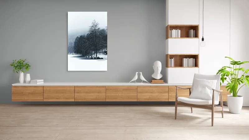 Tablou Canvas, "Copaci înghețați pe malul lacului", Iarnă, Pădure, Zăpadă, Liniște, Apă Înghețată, Copaci, Norii, Peisaj, Umbre, Frig, 100 x 150 cm – poza 8