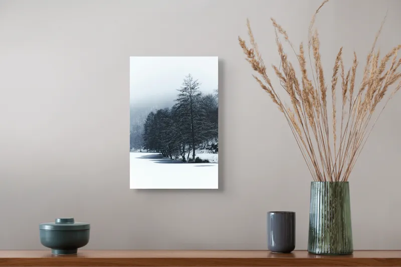 Tablou Canvas, "Copaci înghețați pe malul lacului", Iarnă, Pădure, Zăpadă, Liniște, Apă Înghețată, Copaci, Norii, Peisaj, Umbre, Frig, 26 x 39 cm – poza 5