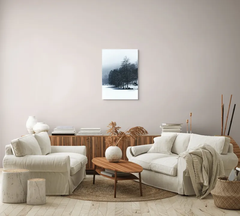 Tablou Canvas, "Copaci înghețați pe malul lacului", Iarnă, Pădure, Zăpadă, Liniște, Apă Înghețată, Copaci, Norii, Peisaj, Umbre, Frig, 50 x 70 cm – poza 4